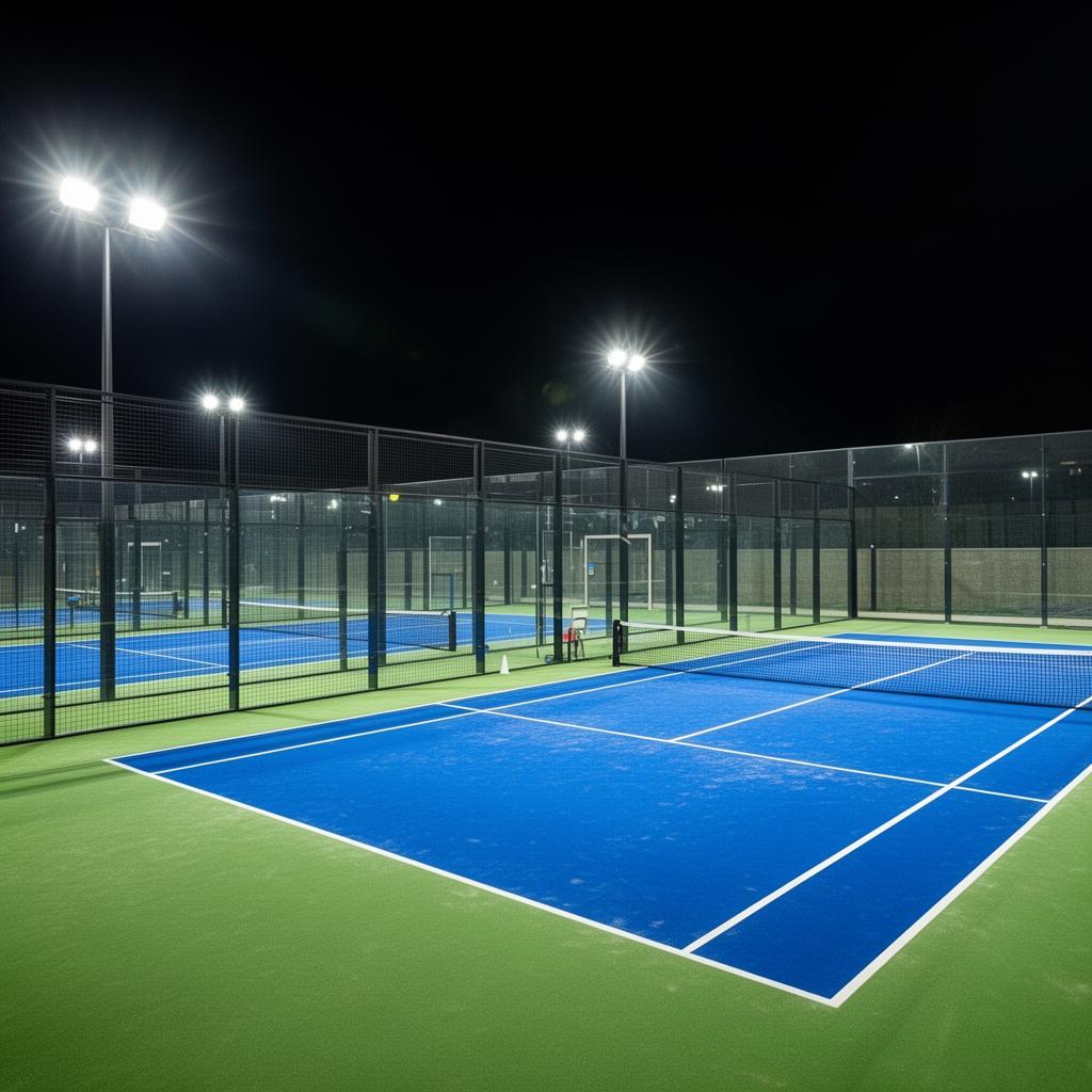 Padel courts under floodlights at night